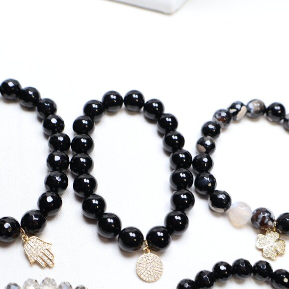 Budhagirl Gold Tone Black & Smoke Beaded Charm Stretch Bracelets $128 NWOT - Picture 2 of 4